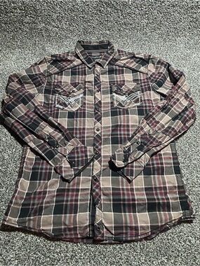 Black Buckle Men's Casual Plaid Button-Down Shirt Western Stitching Pearl Snap